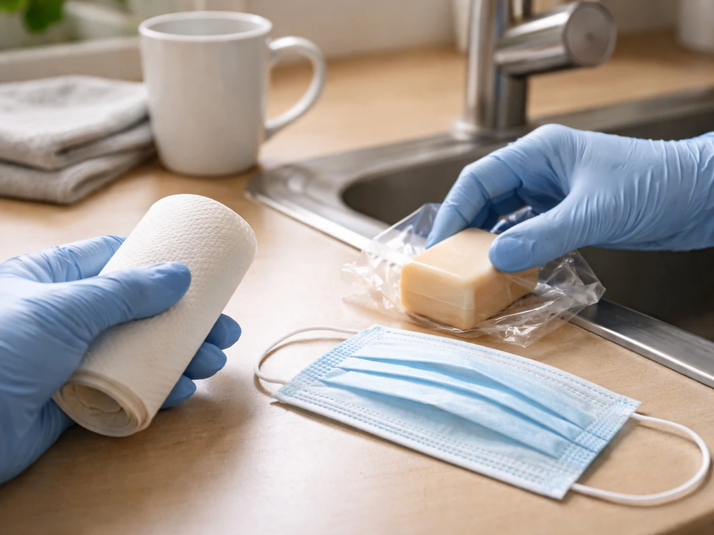 Gloved hands washing with soap at a sink, with hygiene supplies on a clean kitchen table.