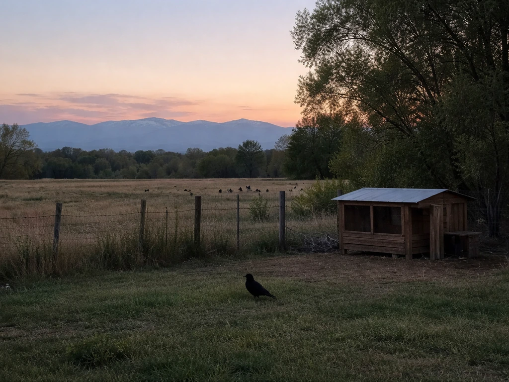 Rural Colorado backyard with a distant wild bird silhouette near a simple chicken coop at dusk