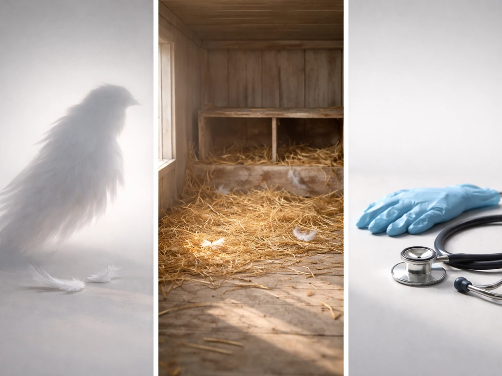 Three-category bird-flu concept scene: wild bird hint, poultry coop hint, and lab glove/stethoscope hint side-by-side.