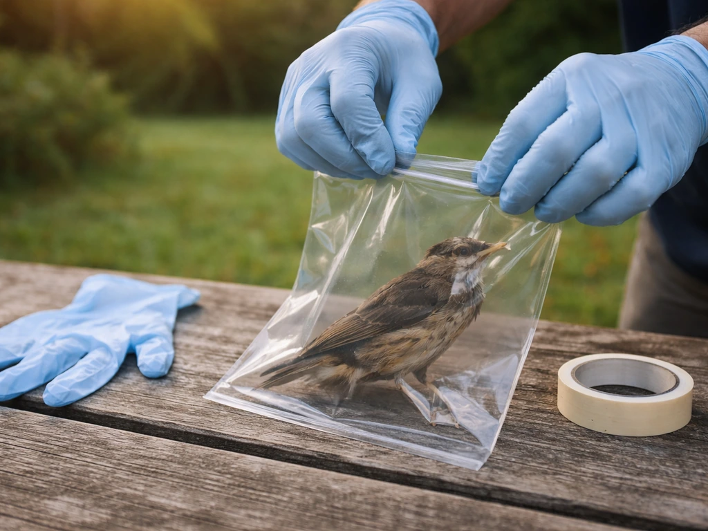 Gloved hands bag and seal a suspected dead bird safely, with simple biosecurity supplies nearby.
