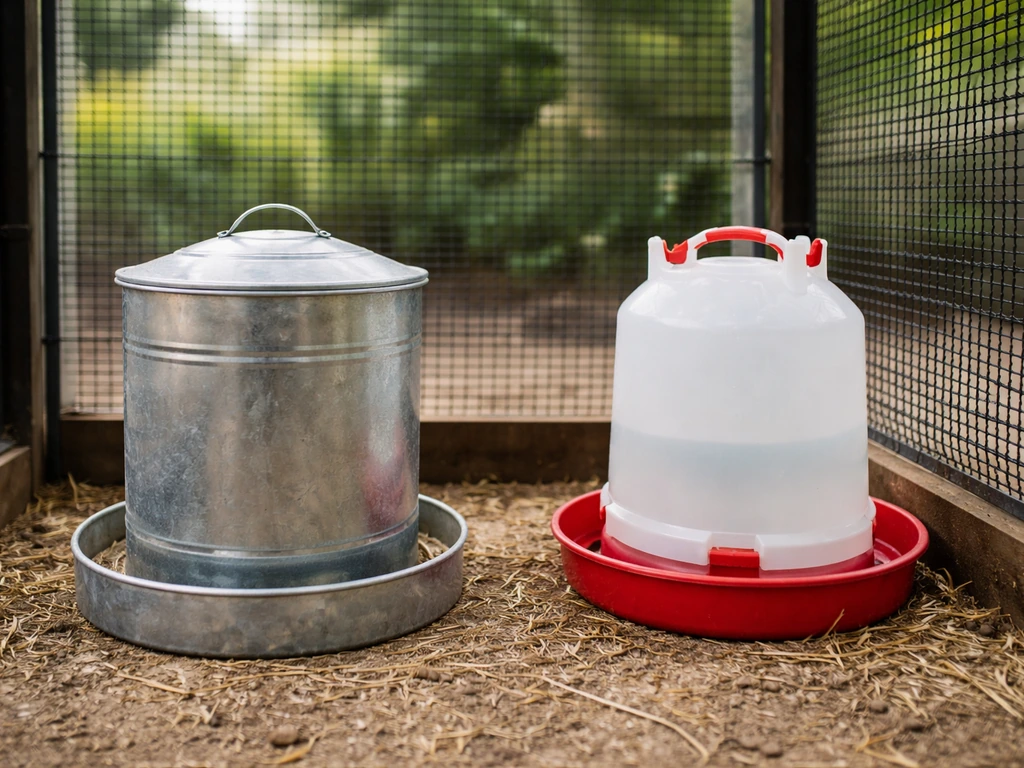 Covered poultry feed container and secured waterer with mesh barrier to block wild birds.