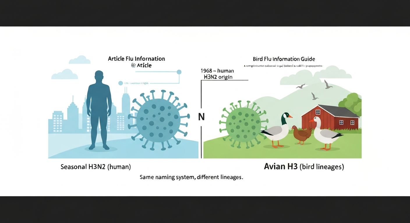 Illustrated split banner showing seasonal human H3N2 (city, human silhouette) versus avian H3 (birds and farm), with labeled influenza virions and caption noting different lineages.