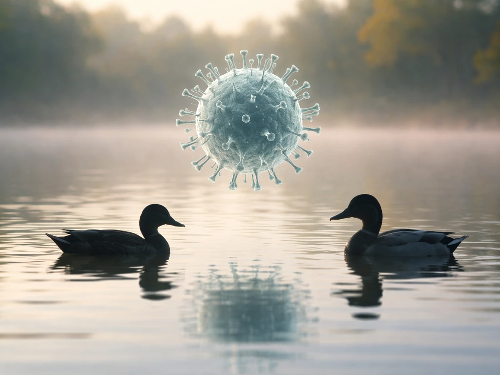 Minimal scene with simple waterfowl icons and an influenza A virus shape overlay for bird flu meaning