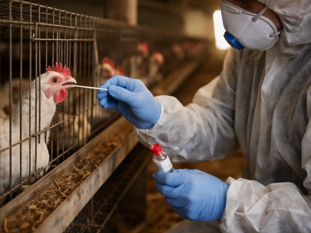 Anonymous worker swabbing caged poultry in a barn during field outbreak surveillance