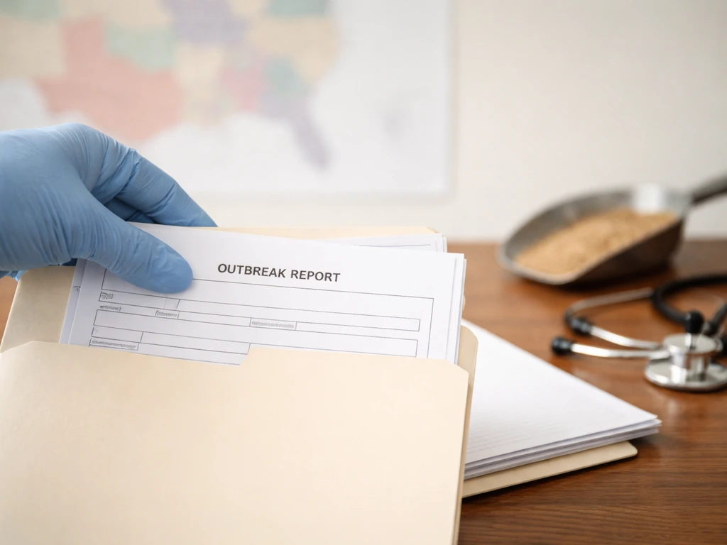 Gloved hand organizing blank outbreak report pages beside an abstract regional map on a wooden desk.