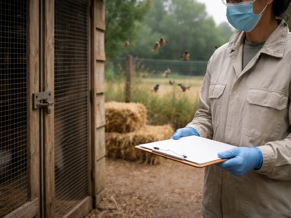 Gloved poultry worker checks a coop while wild birds roost outside, suggesting bird flu surveillance and risk.