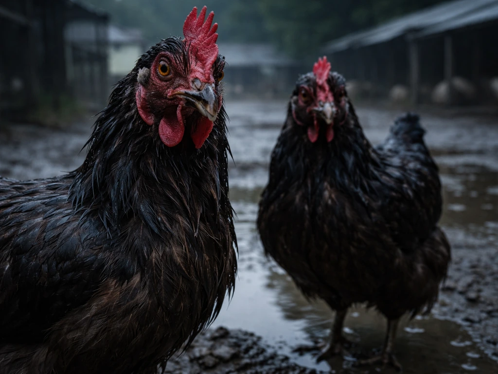 Close-up of chickens in a quiet outdoor poultry pen, suggesting avian H5N1 context.