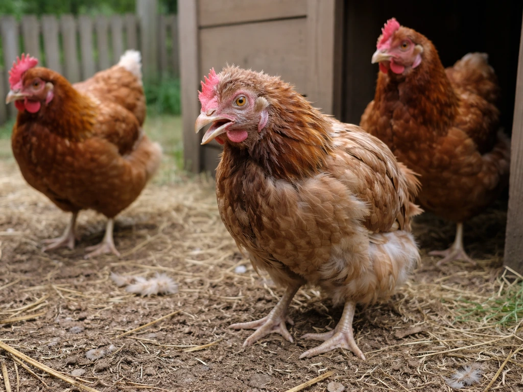 Backyard chickens showing respiratory distress and disorientation near a coop entrance