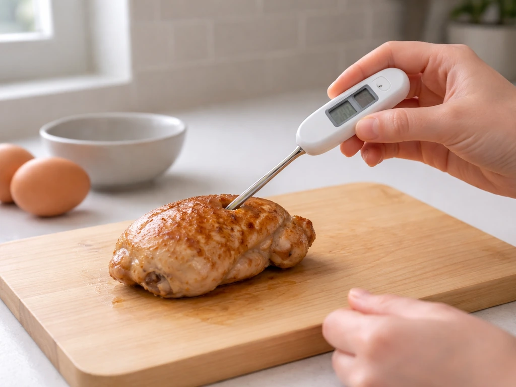 Hands checking an internal meat thermometer in a cooked chicken piece in a clean kitchen, with eggs nearby.
