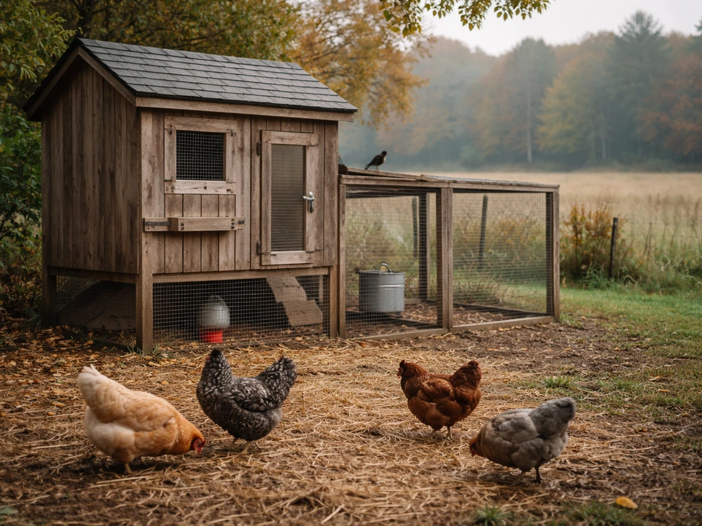 A quiet backyard coop in Massachusetts with a few birds and a nearby field, suggesting HPAI surveillance context.