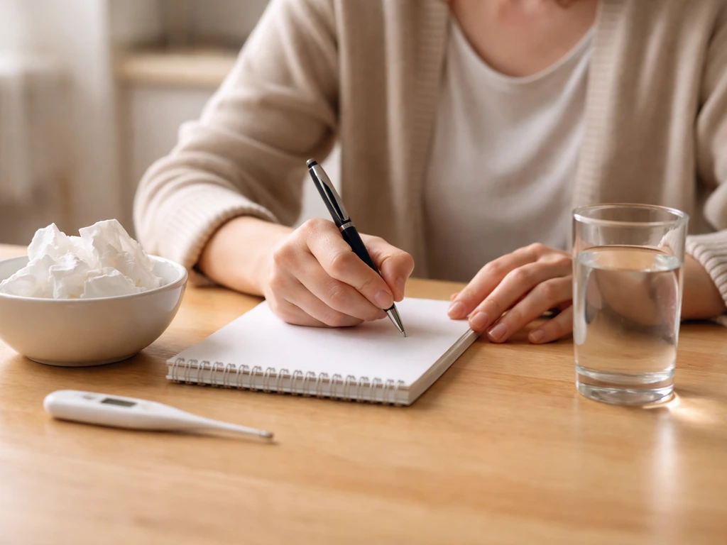 Cropped hands on a kitchen table with thermometer, tissues, and water for monitoring after bird exposure.