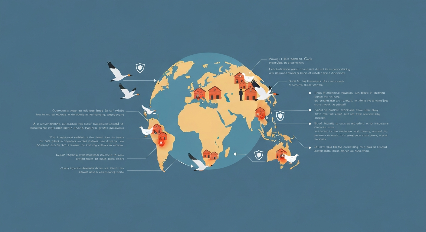 Infographic-style illustration of global bird flu spread from wild birds to poultry, showing low overall human risk.