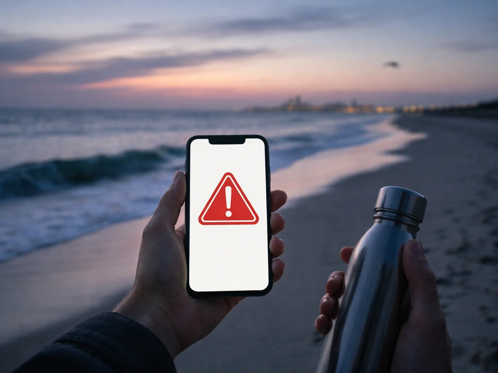 View of New Jersey coastline at dusk with a smartphone showing a generic safety alert icon and icons
