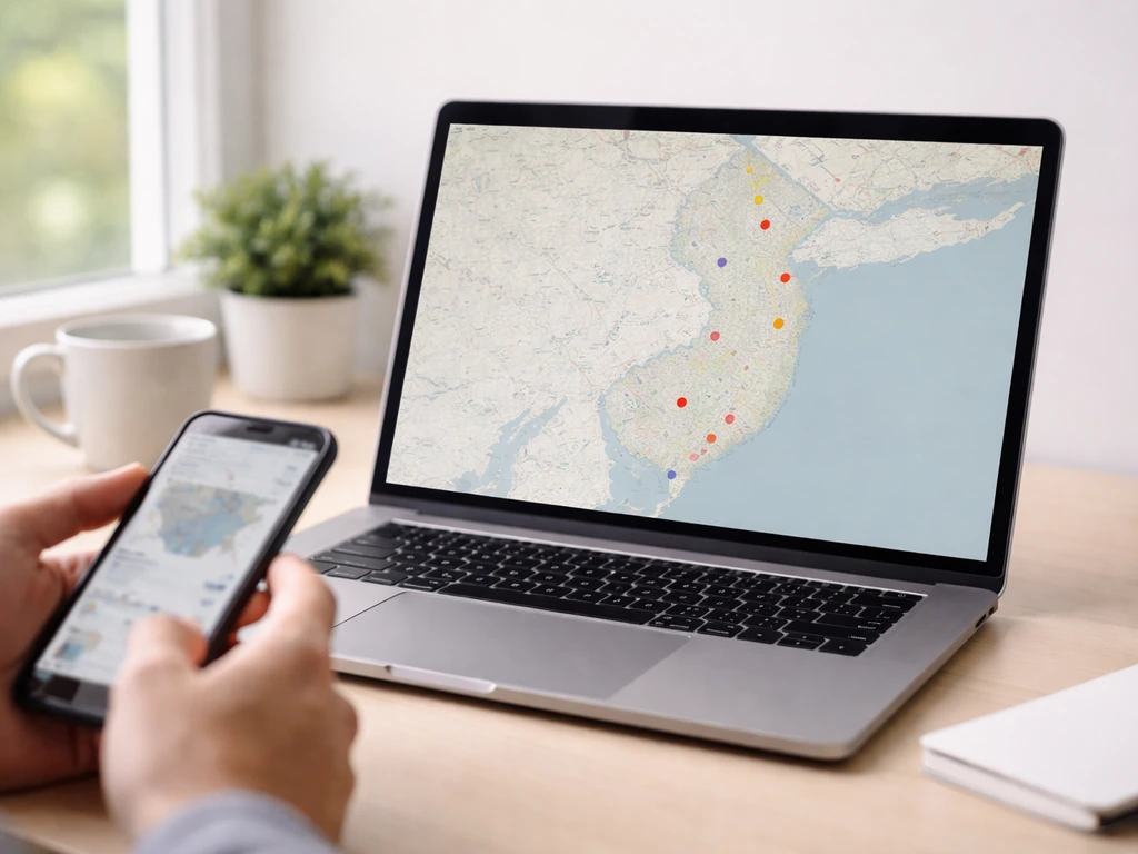 Laptop screen shows a muted New Jersey map-style view with subtle markers, checking current bird flu activity.