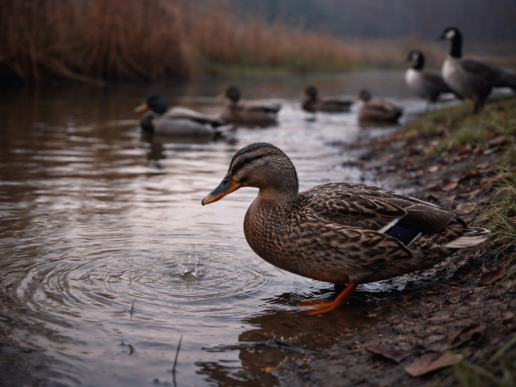 Wild ducks and geese by a shallow New Jersey creek, with visible water ripples and droplets suggesting local spread.