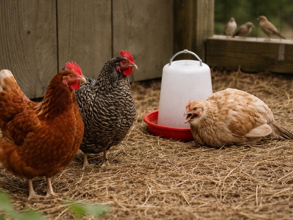Backyard chickens in straw bedding, one showing labored breathing while nearby birds look on