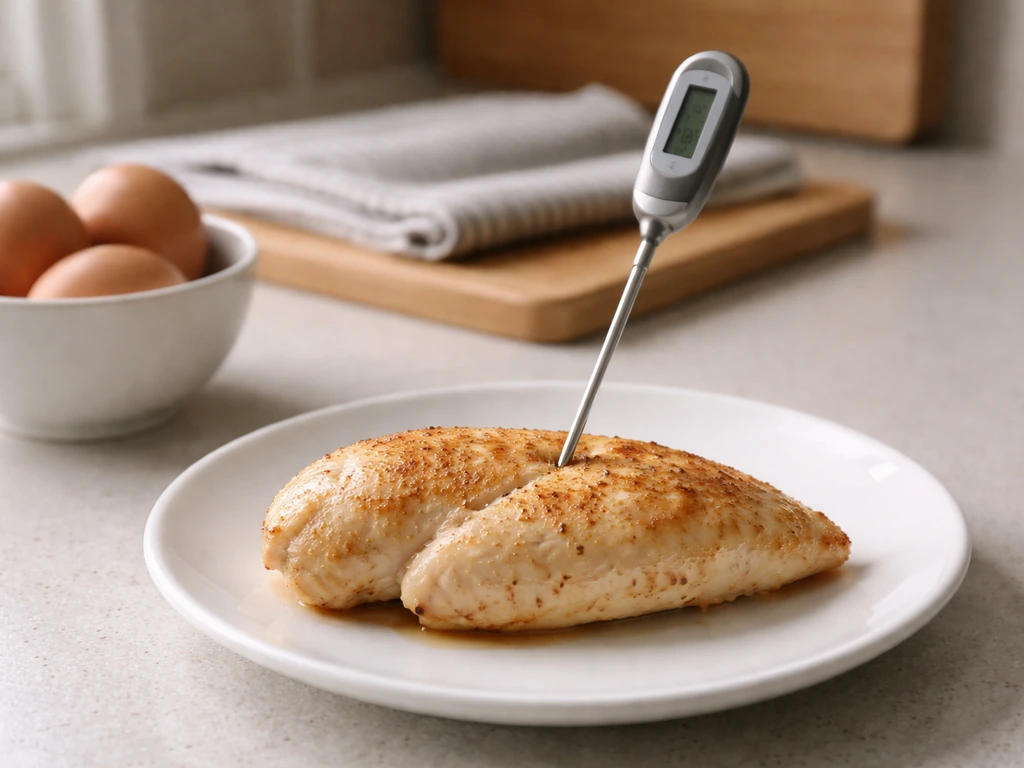 Close-up of chicken with a food thermometer and clean kitchen setup for safe cooking.