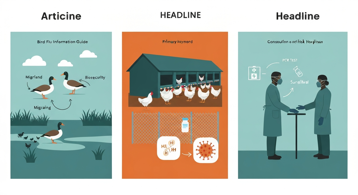 Illustrated split-scene: migratory birds, a poultry farm with sick chickens, and a clinician in PPE connected by stylized influenza virus icons and arrows indicating spillover and surveillance.