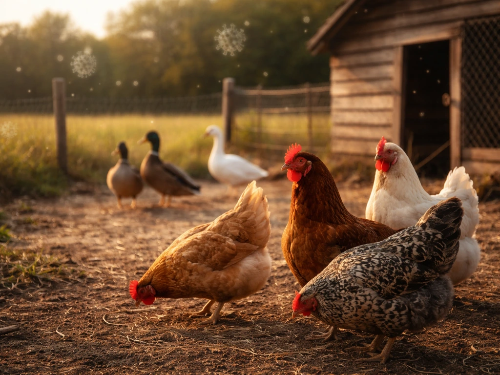 Chickens and wild waterfowl by a rural coop with subtle virus-like bokeh in the air