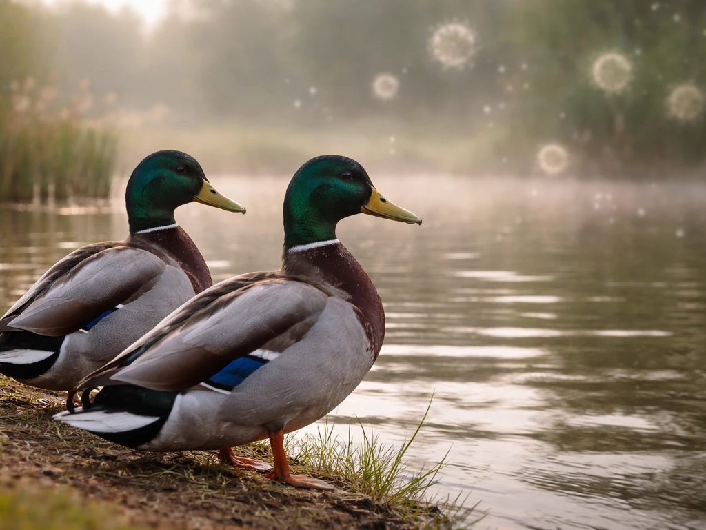 Close-up of ducks at a calm pond with a natural, subtle viral-feather metaphor in the background