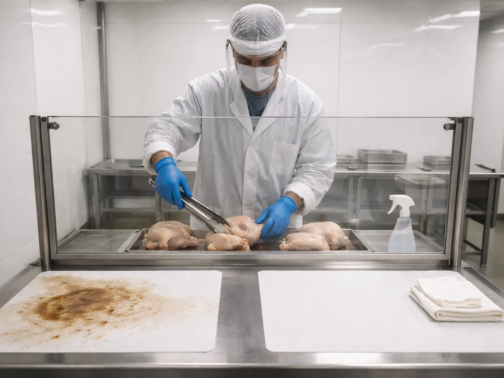 Poultry worker in protective gear handling chickens behind a clear barrier, contrasting clean and contaminated surfaces.