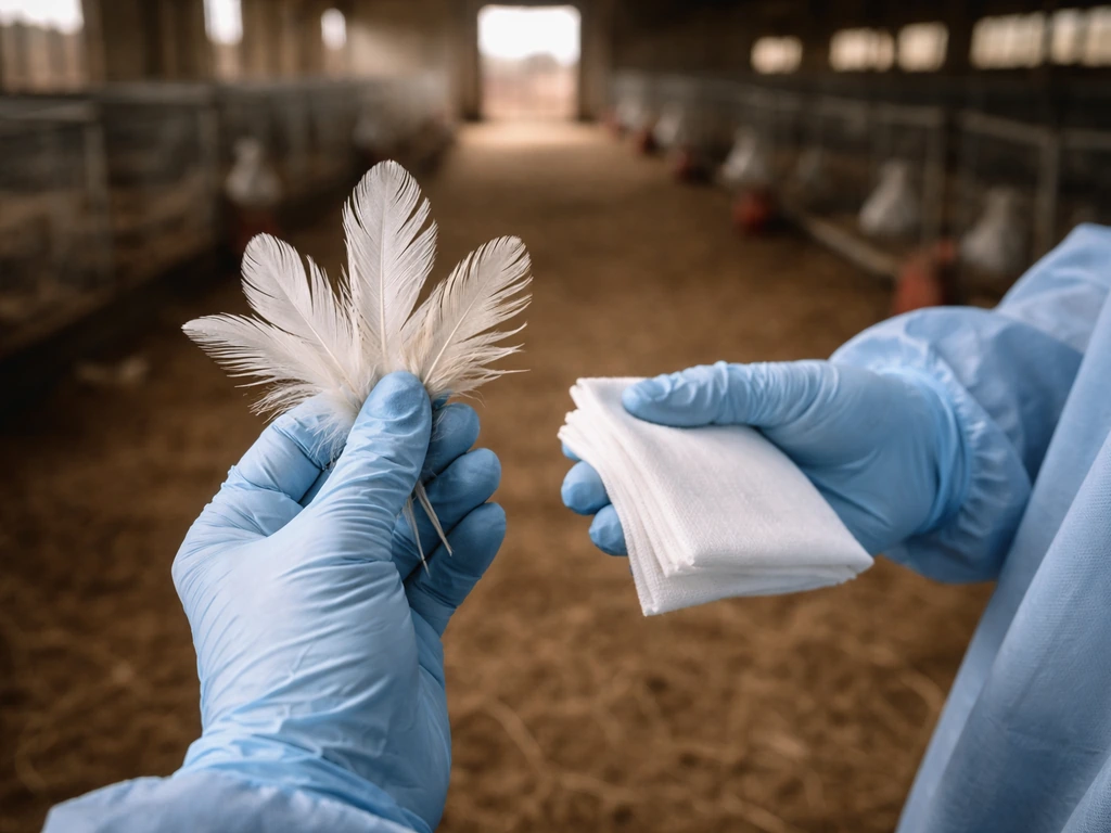 Minimal close-up of a gloved worker holding a small poultry feather, symbolizing bird flu transmission risk
