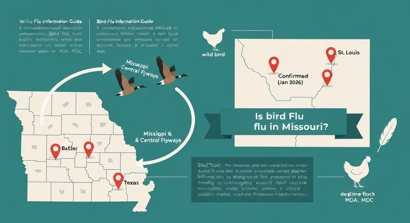 Infographic map of Missouri with highlighted counties and icons for wild birds and domestic poultry, showing flyways and a checklist of USDA APHIS, Missouri Dept. of Agriculture, and Missouri Dept. of Conservation as sources.