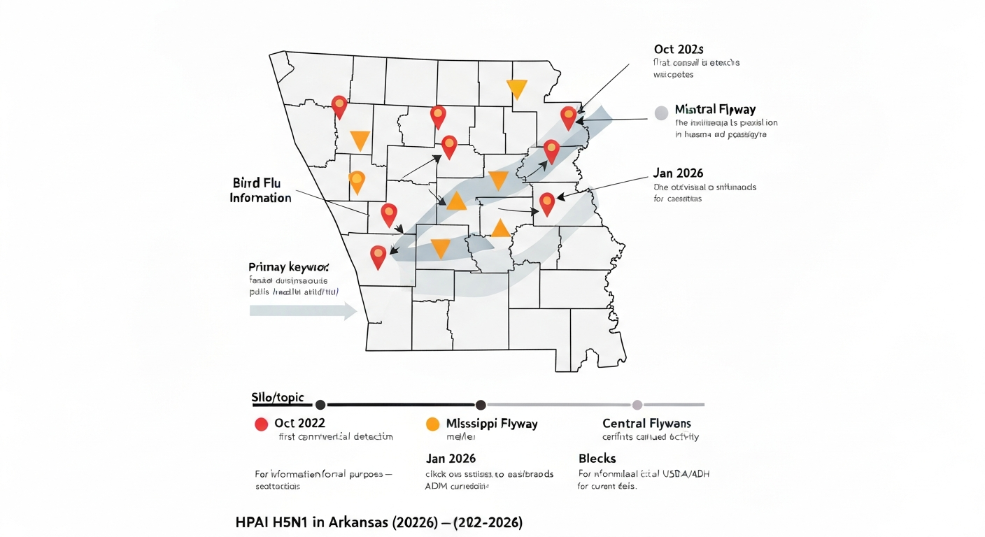 Stylized infographic map of Arkansas with county outlines, red circles for poultry detections, orange triangles for wild bird detections, translucent Mississippi and Central flyway bands, a timeline (Oct 2022, Dec 2024, Jan 2026), and a legend; caption advises checking official dashboards.