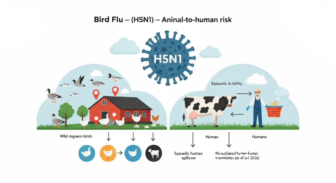Infographic showing H5N1 bird flu spreading from wild birds to poultry and cattle with occasional spillover to humans; emphasizes animal epizootic and limited human transmission.