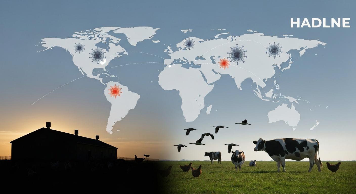 Composite image: migratory waterfowl flying above a stylized world map with highlighted regions, and a silhouetted poultry farm and dairy herd in the foreground, with subtle virus icons indicating spread.