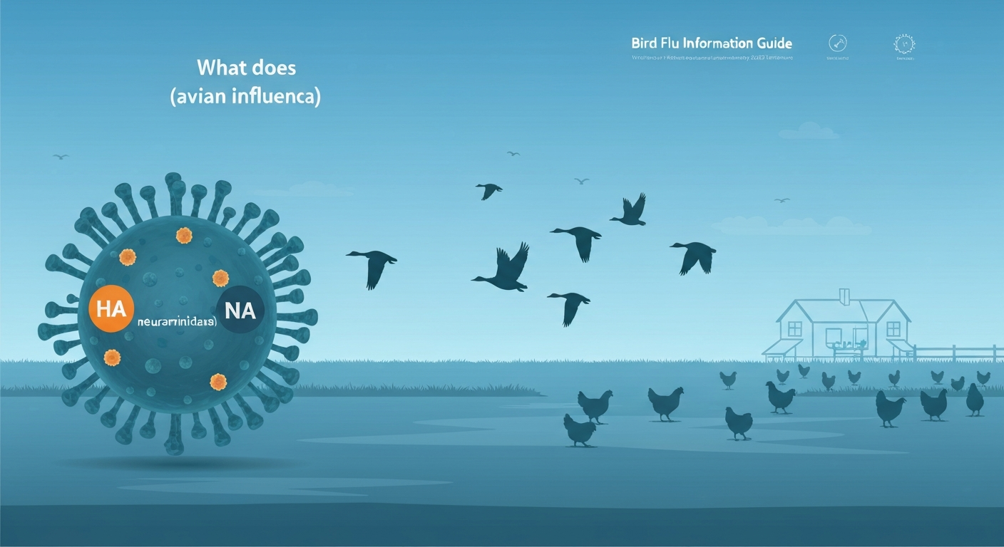 Infographic-style illustration of an influenza A virus showing labeled HA and NA spikes, with silhouettes of wild waterfowl and a poultry farm in the background, representing bird flu (avian influenza).