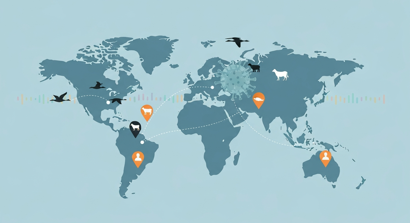 Illustration of migratory waterfowl over a world map with flyways, a stylized influenza particle, and icons showing spillover from birds to poultry, mammals, and humans.